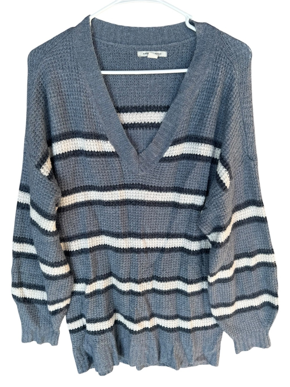 American Eagle Blue Oversized V-Neck Striped Sweater